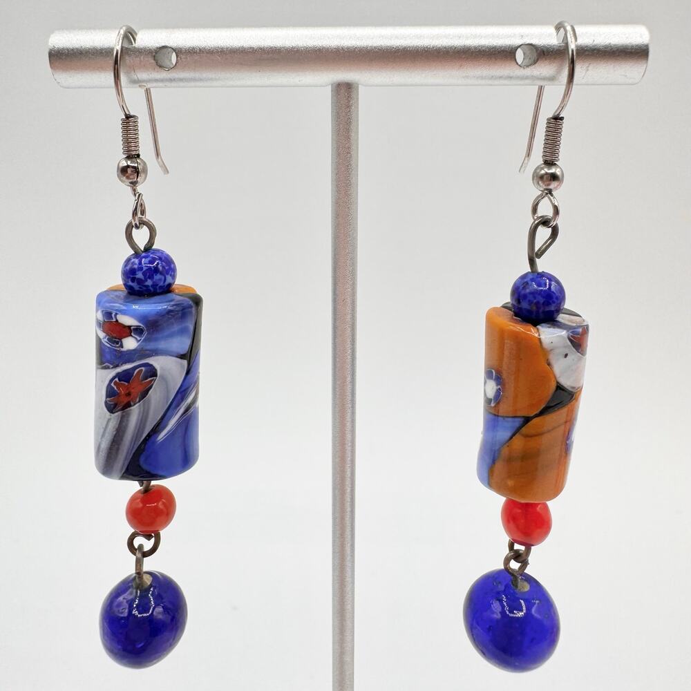 Art Glass Millefiori Beaded Dangle Earrings Artisan Art Teacher Artsy Fun - Picture 5 of 10
